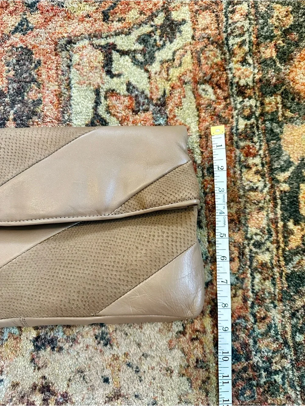 Taupe Fold-Over Leather Tassel Clutch